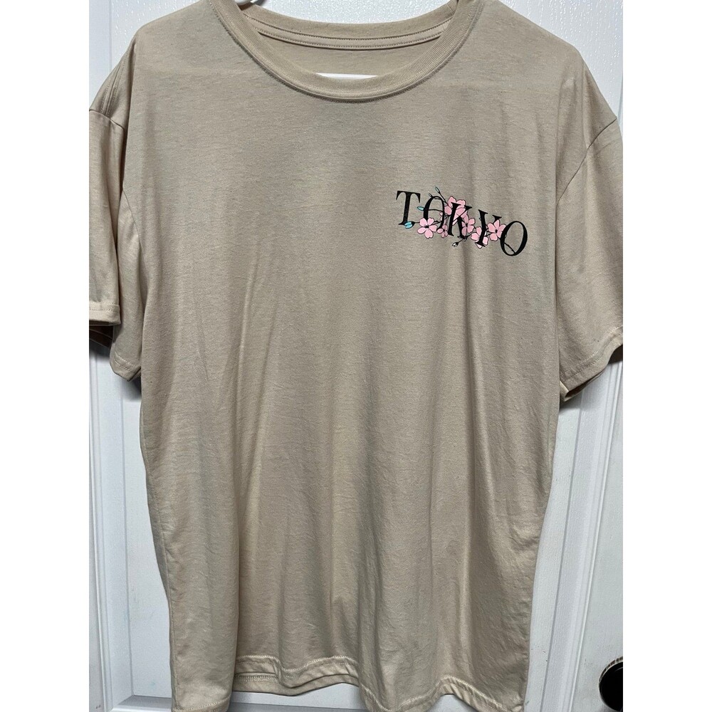 Tokyo Floral Graphic T-Shirt Beige Short Sleeve Tee Size Large